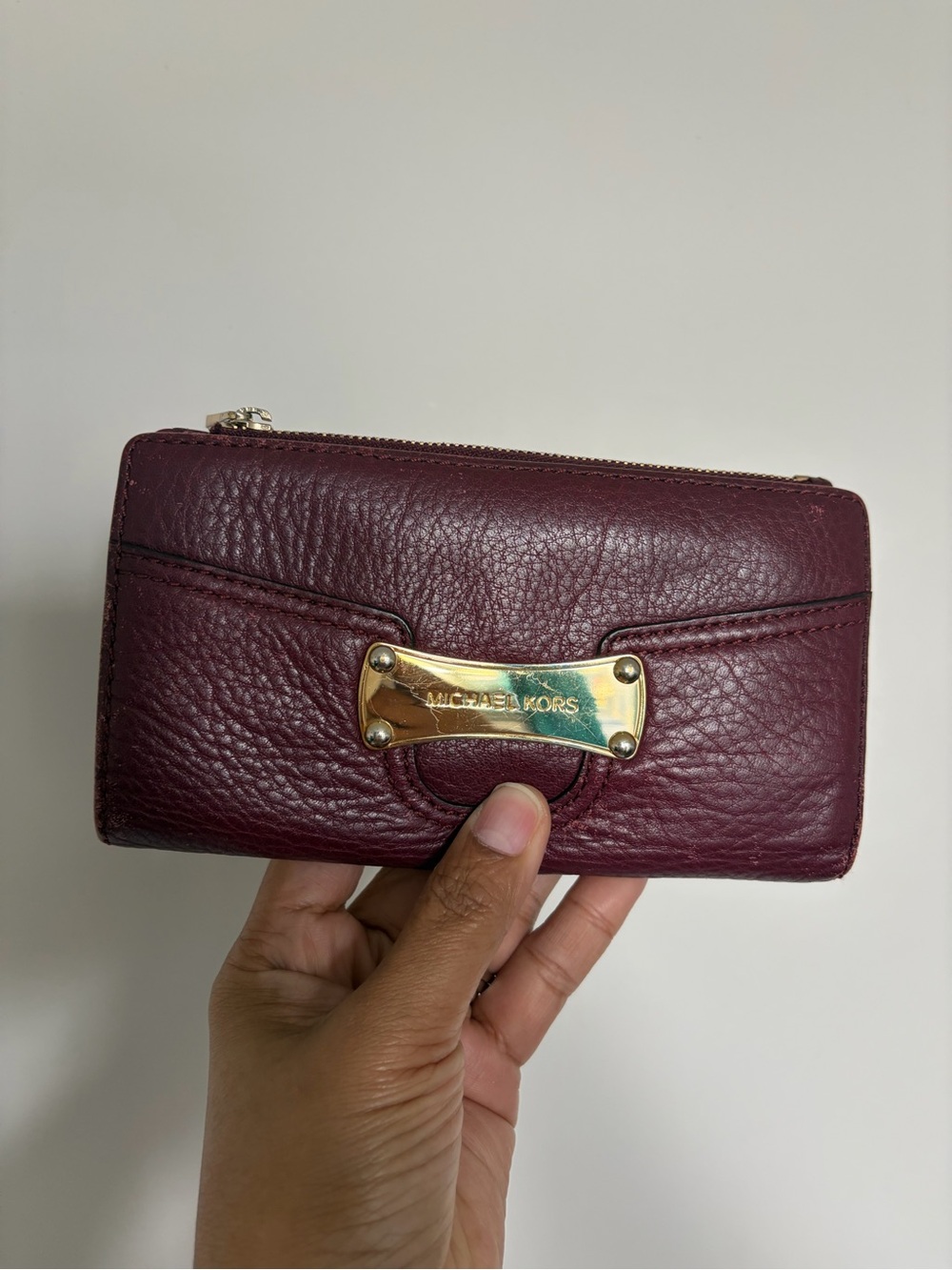 Michael Kors Burgundy Leather Zip Wallet with Gold Plate